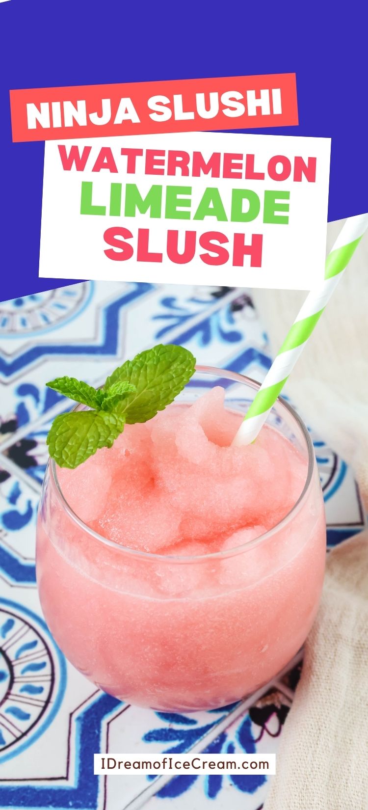 glass of watermelon limeade slush made in the Ninja Slushi machine.