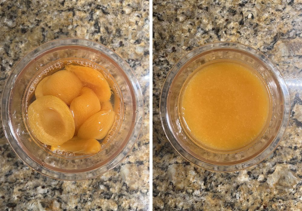 two photos; one shows canned apricot halves in heavy syrup in a Ninja Creami pint; the other shows the mixture after blending with an immersion blender.