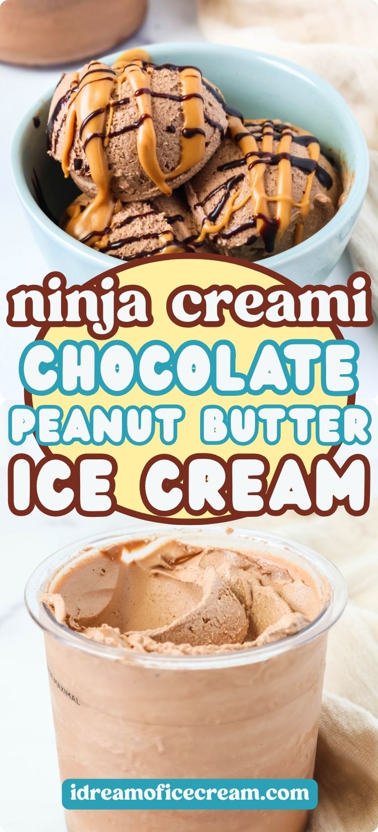 two photos; one shows scoops of chocolate peanut butter ice cream in a blue bowl; the other shows a pint of chocolate PB ice cream.