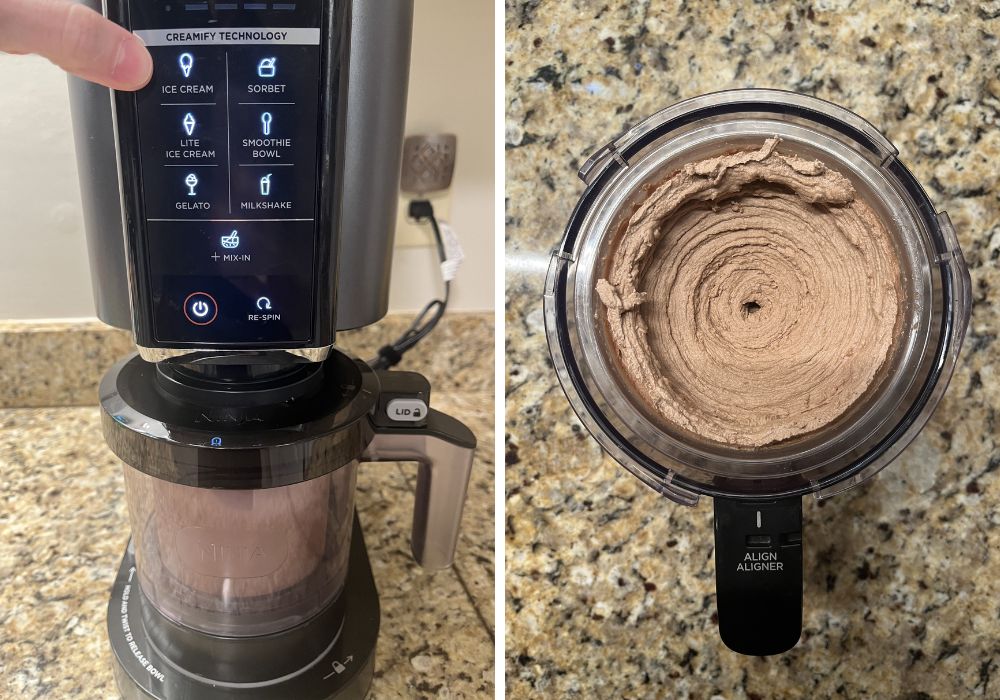 Two photos; one shows a finger pointing to the Ice Cream button on a Ninja Creami machine; the other shows the pint of ice cream after spinning in the machine.