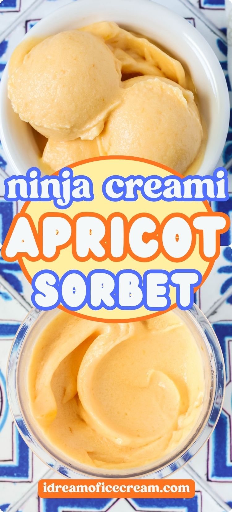 two photos; one shows scoops of apricot sorbet in a white bowl; the other shows the sorbet in a Ninja Creami pint container.