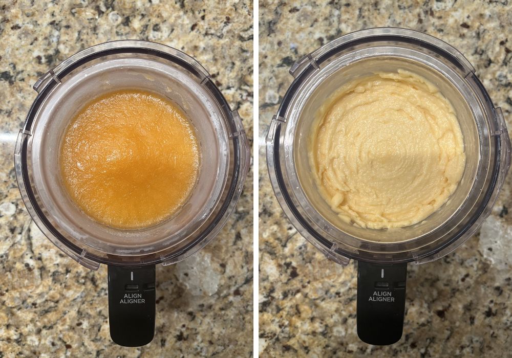 two photos; one shows frozen sorbet base before spinning in the Ninja Creami; the other shows the sorbet after spinning in the Ninja Creami machine.
