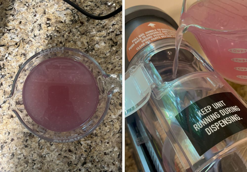 two photos; one shows lemonade and violet syrup mixed together in a large liquid measuring cup; the other shows the mixture being poured into a Ninja Slushi machine.