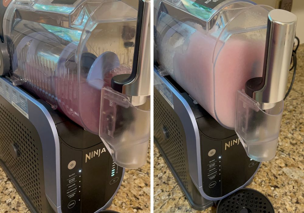 two photos; one shows violet lemonade liquid in the Ninja slushi machine; the other shows the liquid frozen into a slush that's being churned in the machine.