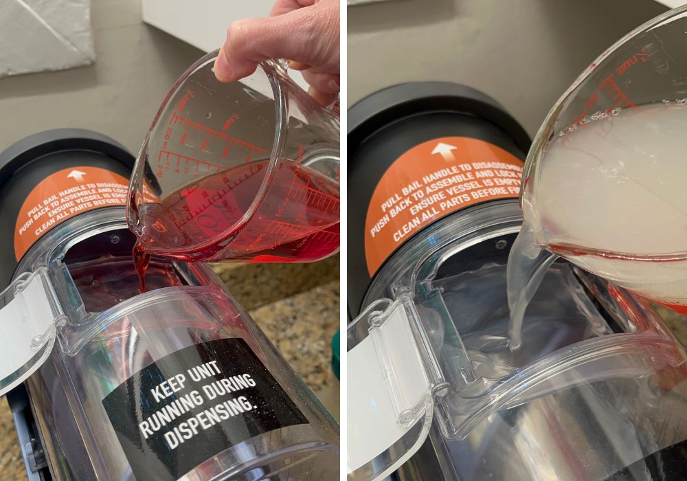 two photos; one shows hibiscus tea being poured into the Ninja Slushi machine; the other shows limeade being poured into the machine.