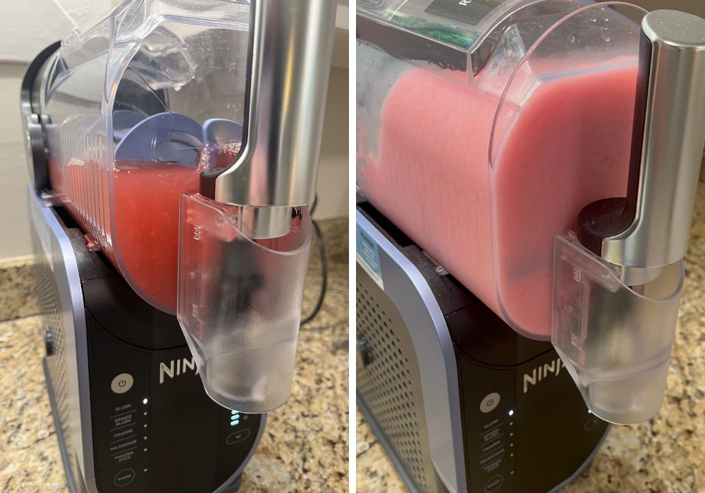 two photos; one shows the liquid in the Ninja Slushi machine prior to freezing; the other shows the mixture after being frozen to slushie consistency.